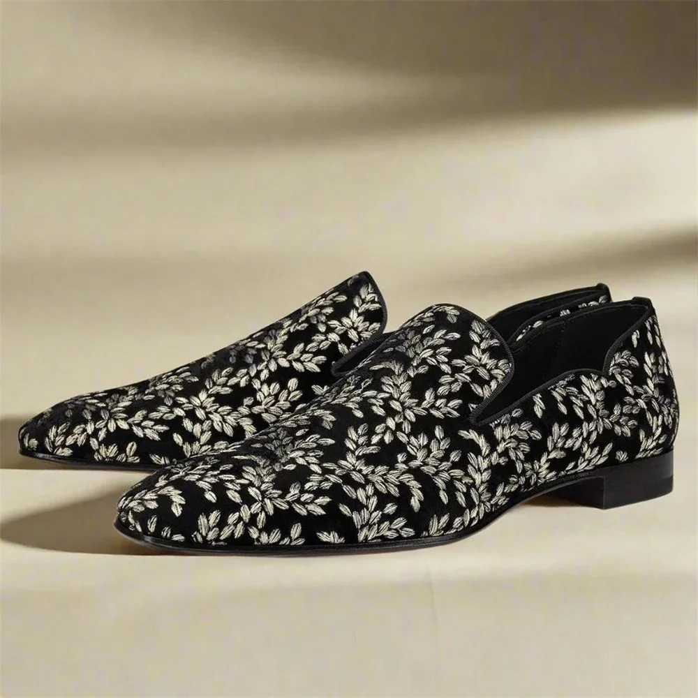 Formal Upper Wear Men - Men's Black Floral Slip-On Loafers, Closed
